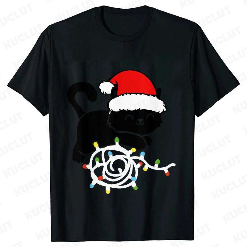 Fashion Trendy T Shirt Short Sleeve Tees for Unisex Funny Christmas Lights Cat T Shirts Female Korean Casual Streetwear Tshirt