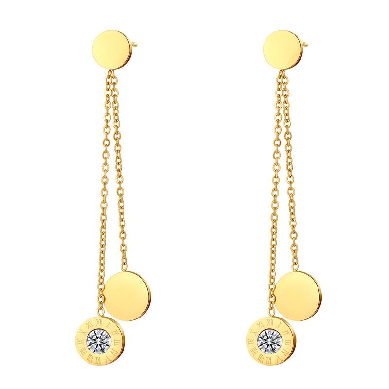 Roman Numerals Round Pendant Long Earrings Women'S Titanium Steel Non-Fading High Quality Zirconium Inlaid Fashion Stainless Steel Earrings