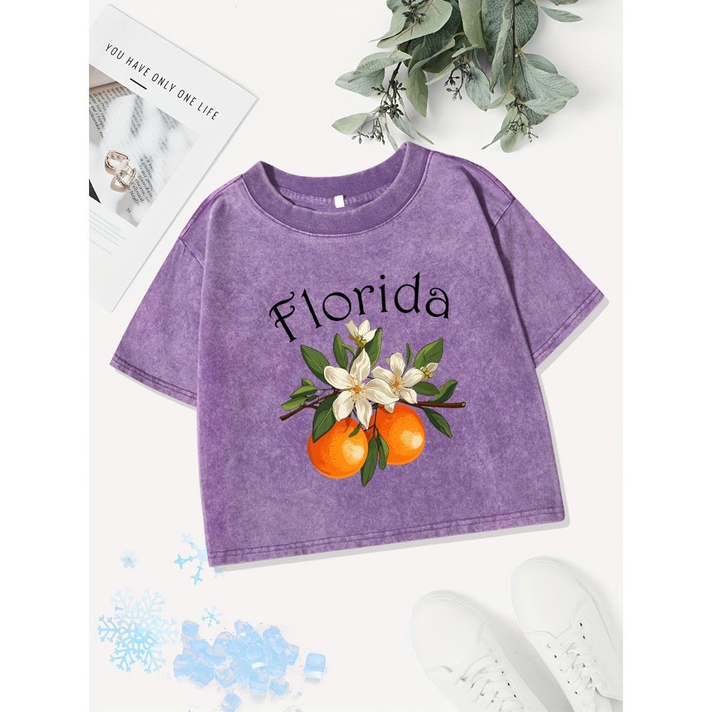 Y2K Cotton Crop Tops Women Fresh Oranges From Florida Prints Washed T-Shirts Fit O-Neck Streetwear Street Clothes