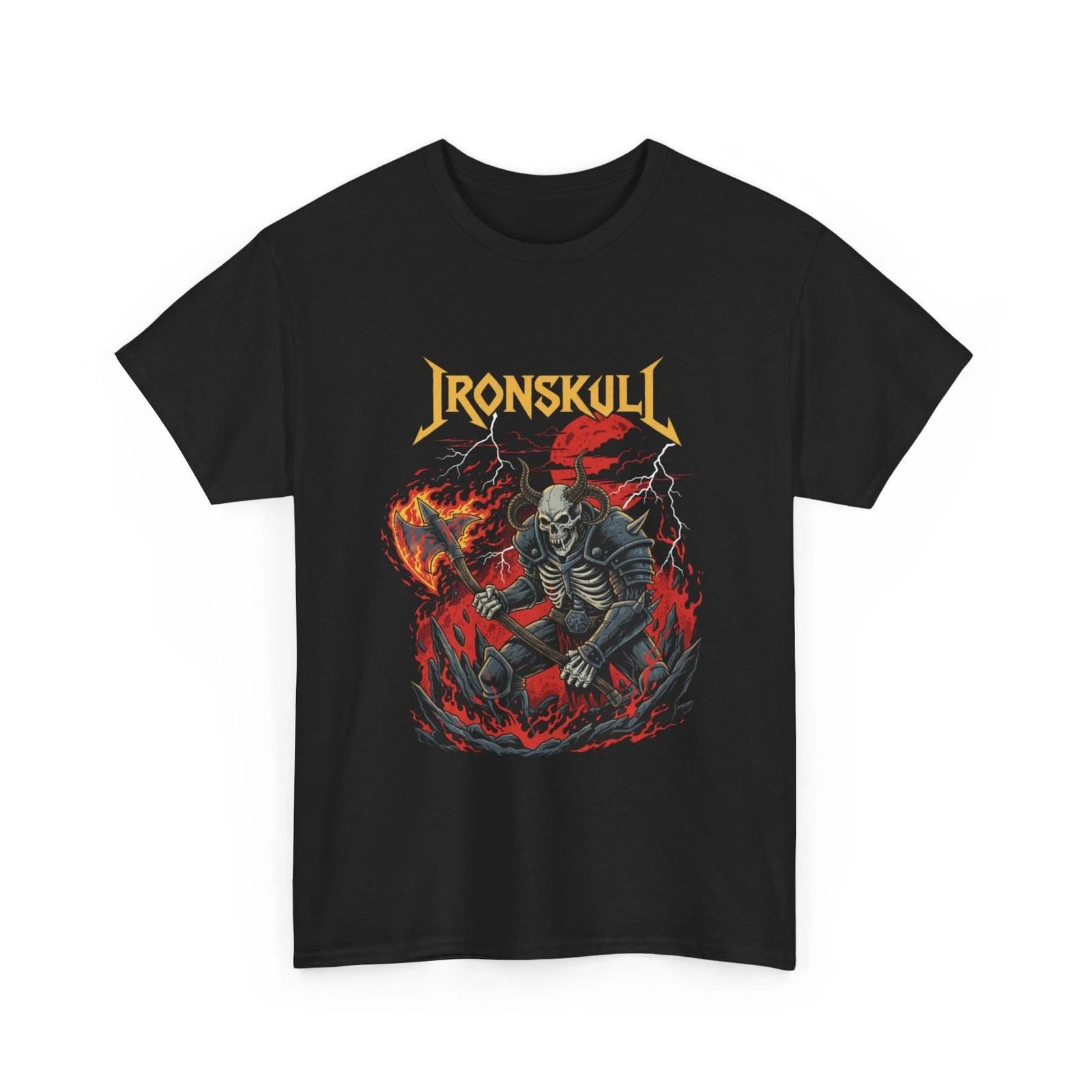 Ironskull Skeleton Fireball T-Shirt | Heavy Metal Skull Tee, Rock Music T-Shirt L