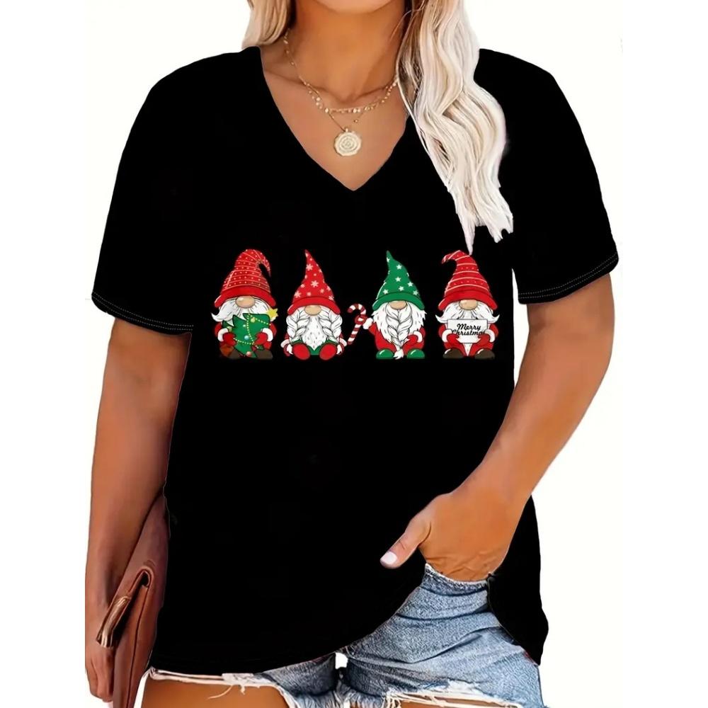 Fashion Red Christmas Day Women's Clothing Summer V-Neck Loose Short Sleeved Father Christmas T-Shirt Trend Hot Selling Styles