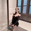 Plaid suspender dress women's new autumn sexy off-the-shoulder irregular fake two-piece hip-wrapped skirt
