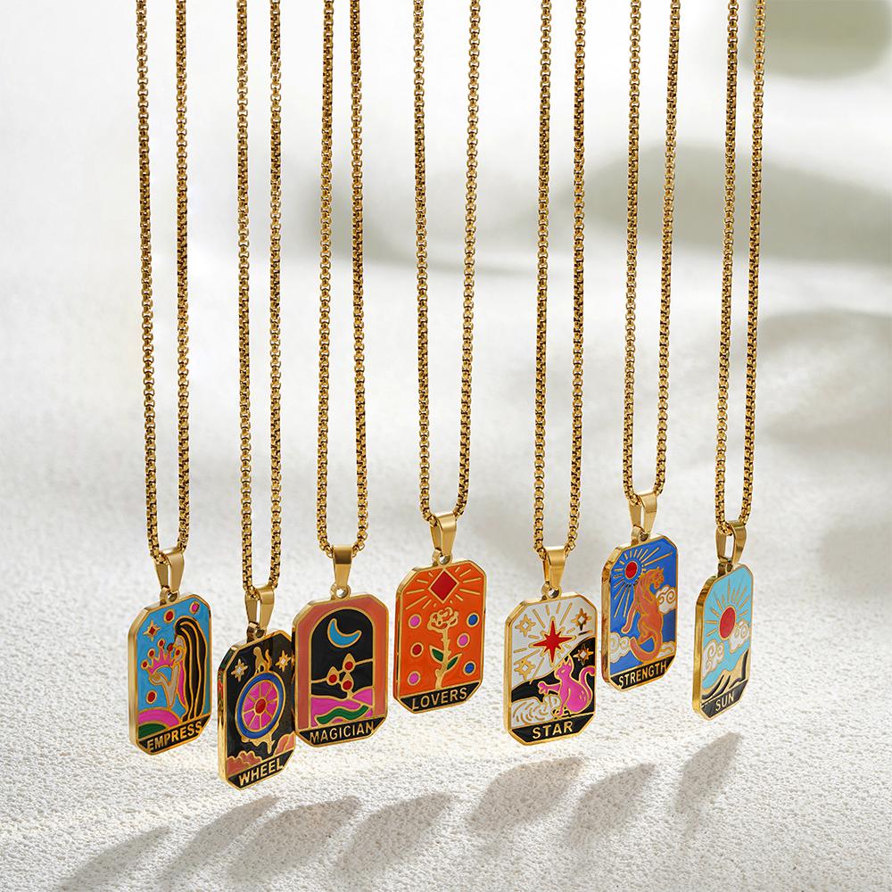 New Design Colorful Enamel Tarot Cards Pendant Necklaces 18K Gold Plated Sun Star Moon Box Chain Choker Jewelry for Women