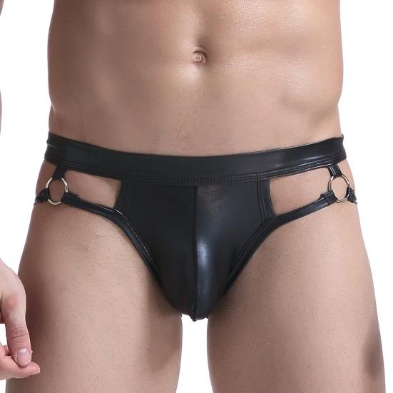 Elastic Waistband Thin Faux Leather Men Thong Sexy U Convex Low Waist Hip