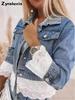 Veste Manteau en Jean Manches Longues à Poignets Non Extensibles Garniture Dentelle Multicouche pour Femme