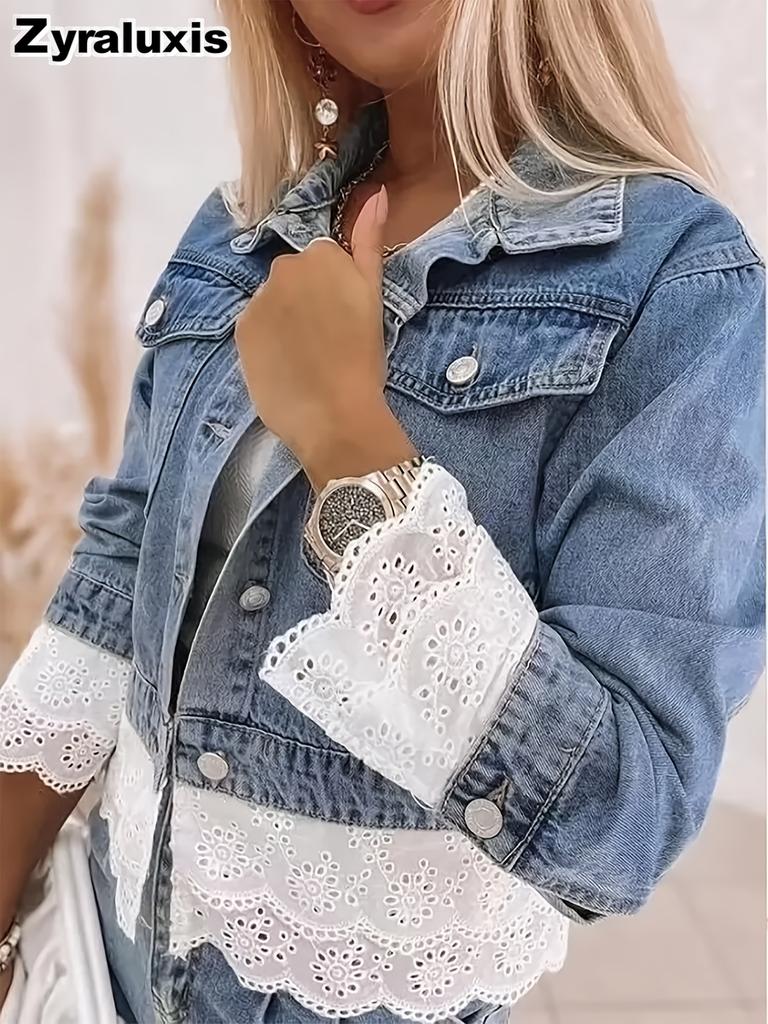 Veste Manteau en Jean Manches Longues à Poignets Non Extensibles Garniture Dentelle Multicouche pour Femme