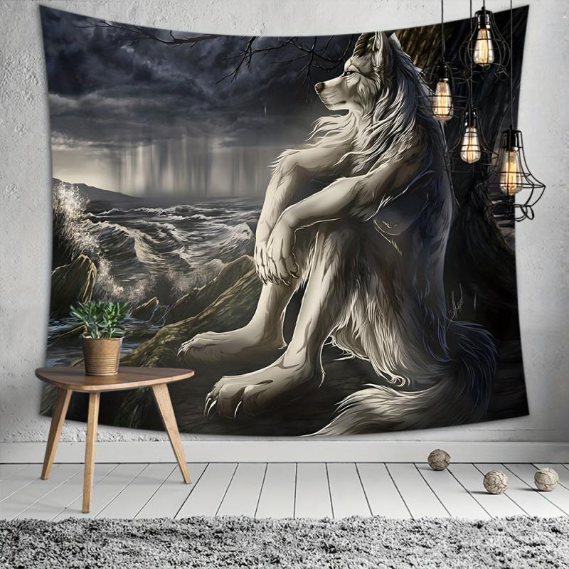 VIKAMA White Wolf Tapestry Moody Stormy Shoreline Artistic Wall Decor for Bedroom Dorm Living Room Cool Vintage Style
