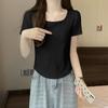 2025 Chic Plus Size Ribbed Solid Color Short Sleeve Square Neck Slimming Women's T-shirt