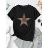 European Size Women'S Chic Leopard Print Star T-Shirt - Casual Crew Neck, Short Sleeve, Stretchy Polyester Blend