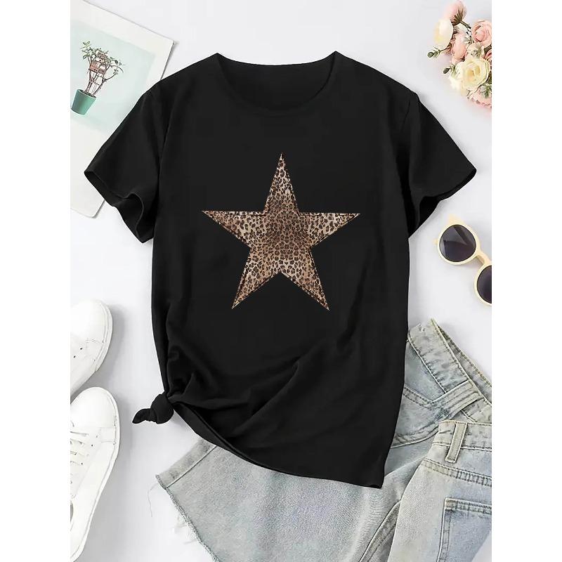 European Size Women'S Chic Leopard Print Star T-Shirt - Casual Crew Neck, Short Sleeve, Stretchy Polyester Blend