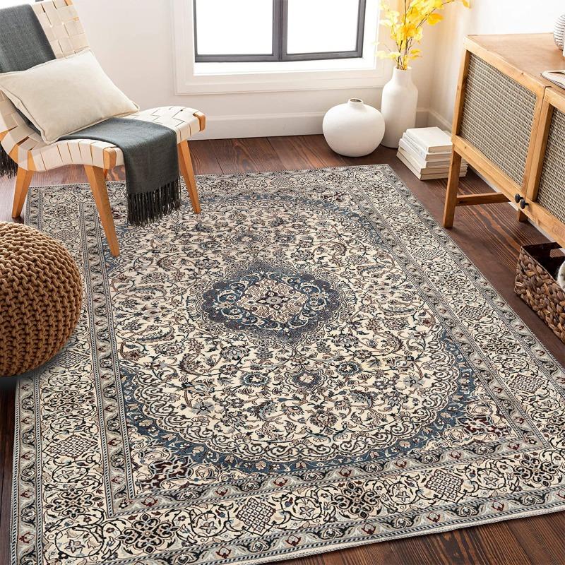 Oriental Medallion Carpets Elaborate Floral Pattern Navy Cream Gold Tones for Luxurious Living Room Decor