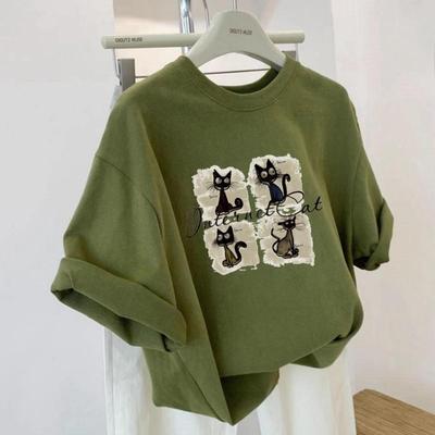 Damen Oliven Grün Cartoon Katze Aufdruck T-Shirt Locker Aufgeschlagene Ärmel Rundhals Lässiges Oberteil