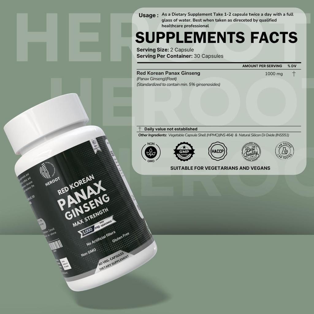 Panax Red Korean Ginseng Capsules | 1000 Mg | 60 Count | Non-GMO