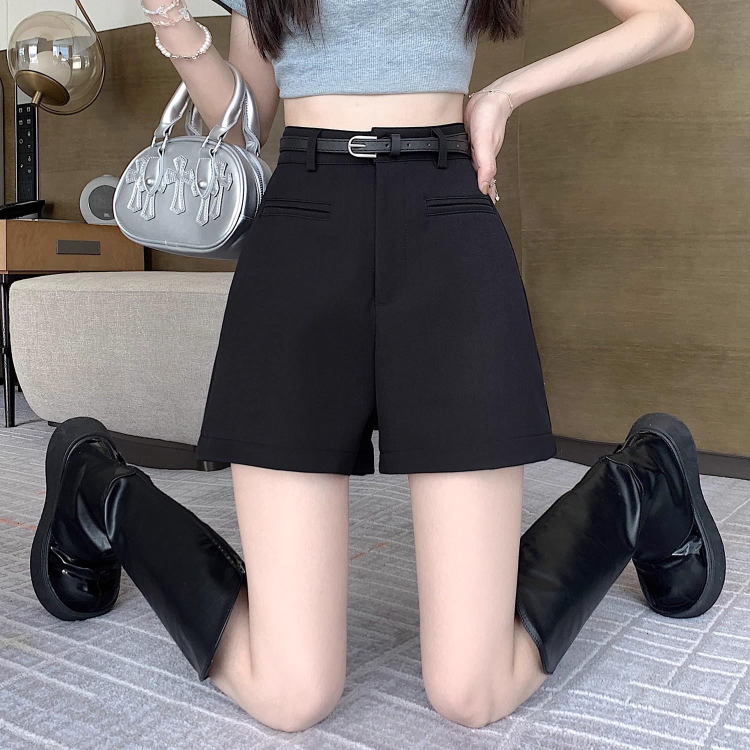 

Женские шорты-костюм с завышенной талией А-силуэта черного цвета 2025 года - Универсальные, стройнящие, повседневные, серые шорты с широкими штанинами L чёрный