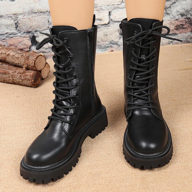 Fashion British Style Black Mid Calf Boots for Women Pu Leather Thick Heels Motorcycle Botas Mujer Autumn Winter Lace Up Boots Woman