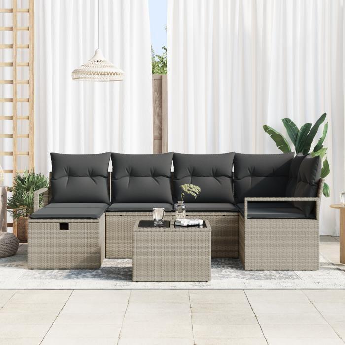 Ensemble de canapé de jardin 7 pièces avec coussins Gris clair Poly Rotin, Canapé de jardin 2 places avec rangement 3360523