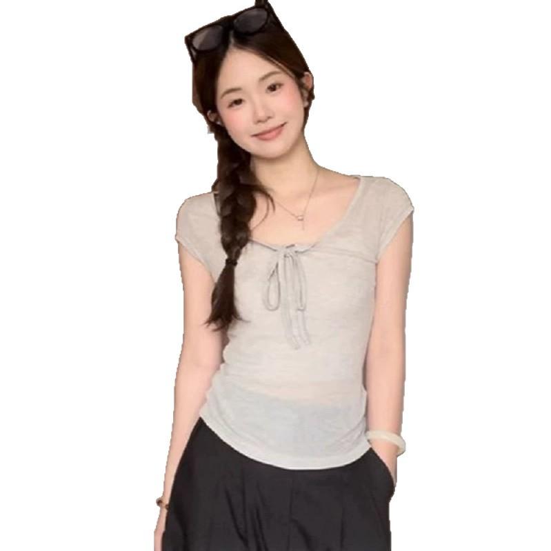 Korean Pure Desire Wind Shoulder Lace-up Short-sleeved T-shirt Women's Summer Niche Slim-fitting and Thin Short Top New