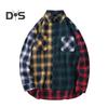 Men Spring Shirt Colorblock Plaid Print Single-breasted Loose Long Sleeve Lapel Buttons Streetwear Casual Cardigan Shirt Coat