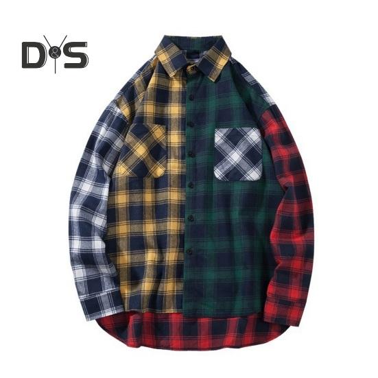 Men Spring Shirt Colorblock Plaid Print Single-breasted Loose Long Sleeve Lapel Buttons Streetwear Casual Cardigan Shirt Coat