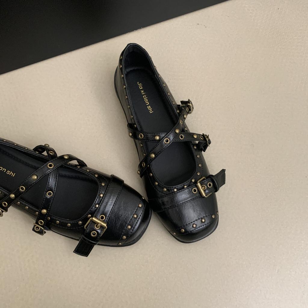 Retro Spice Girl Rivet Shallow Mouth Mary Jane Shoes Women's 2025 Summer New Casual Platform Sports Ballet Shoes