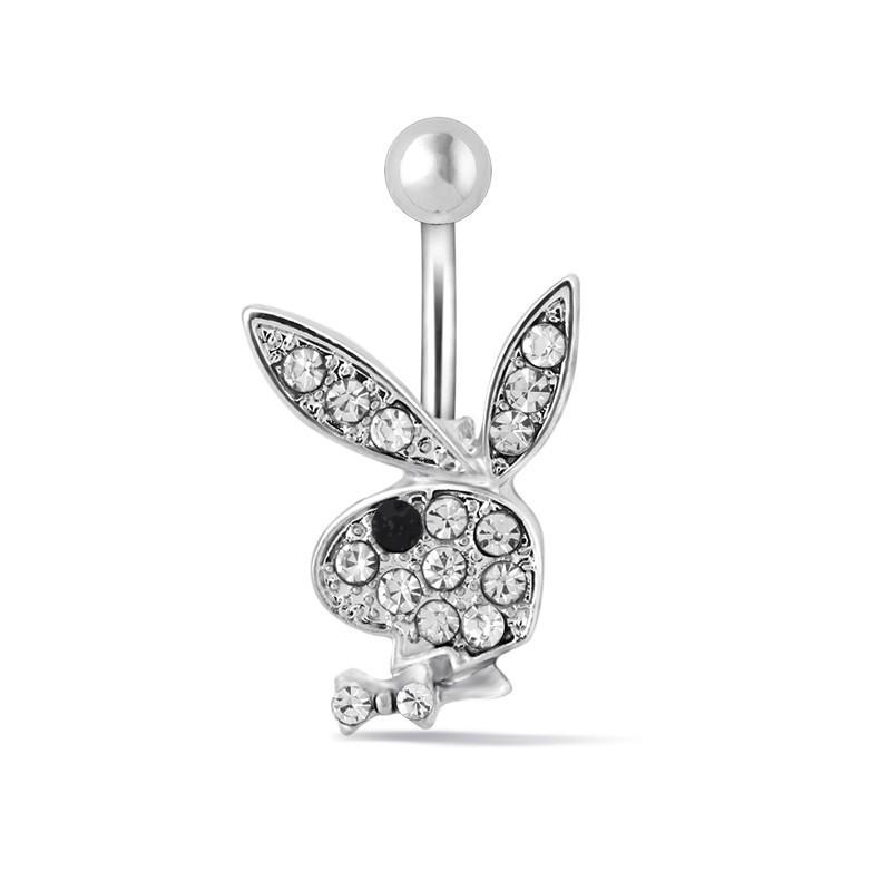 Rhinestone Cartoon Rabbit Stainless Steel Navel Ring with Zirconia
