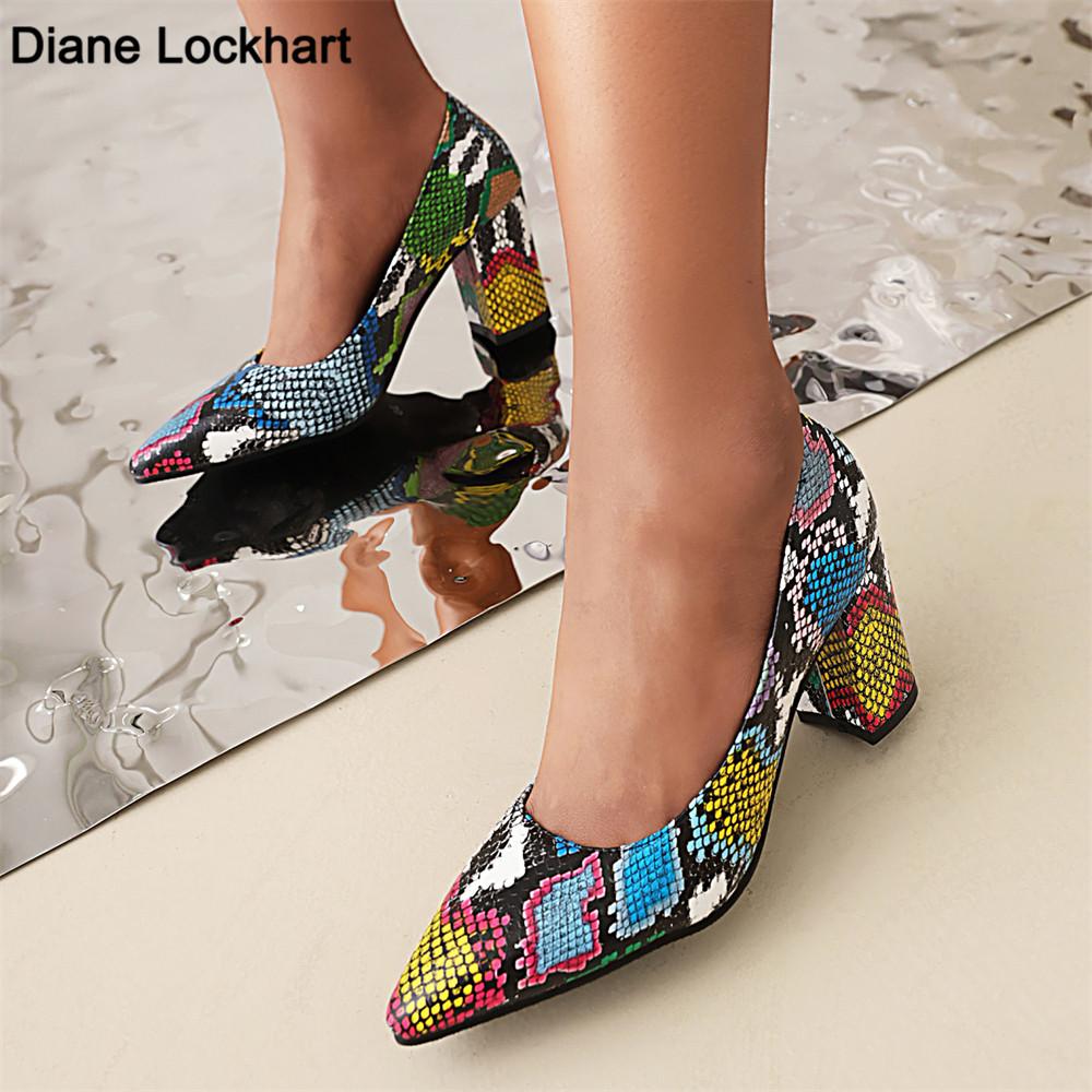 Fashion New Women Pumps Snake Pattern Printing High Heels 7.5cm Lady Shallow Thick Heel Autumn Dress Party Pointed Single Female Shoes