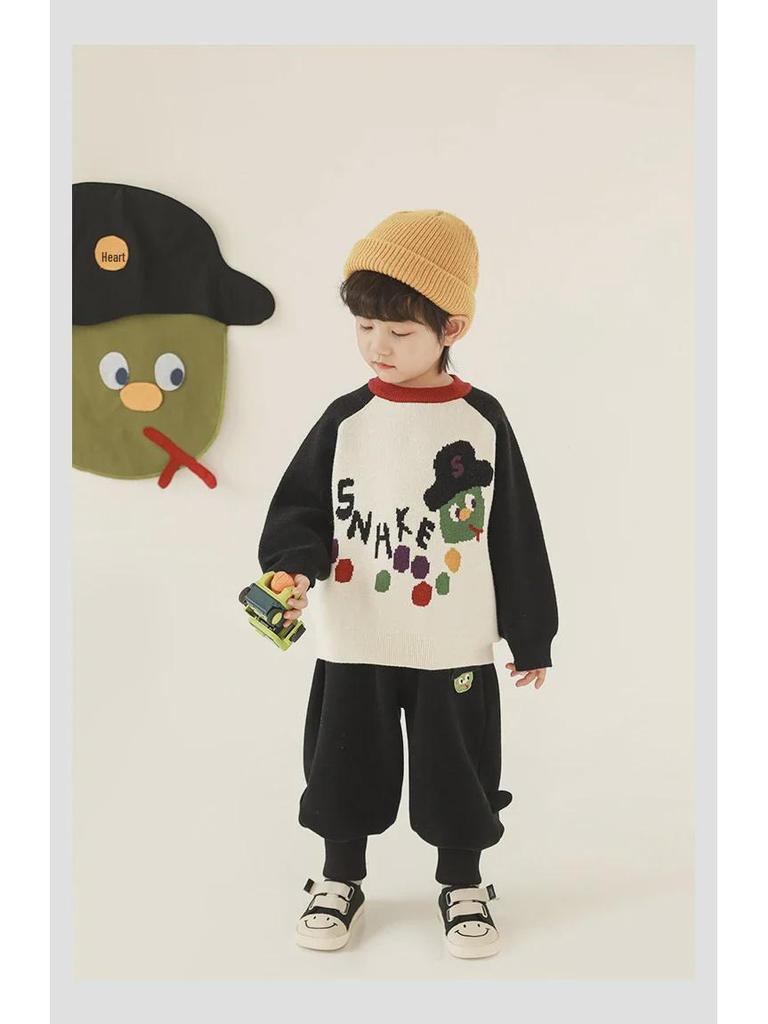 Wulibuyi 2025 Boys' Long-Sleeve Cartoon Snake Sweater – Warm Winter Knit