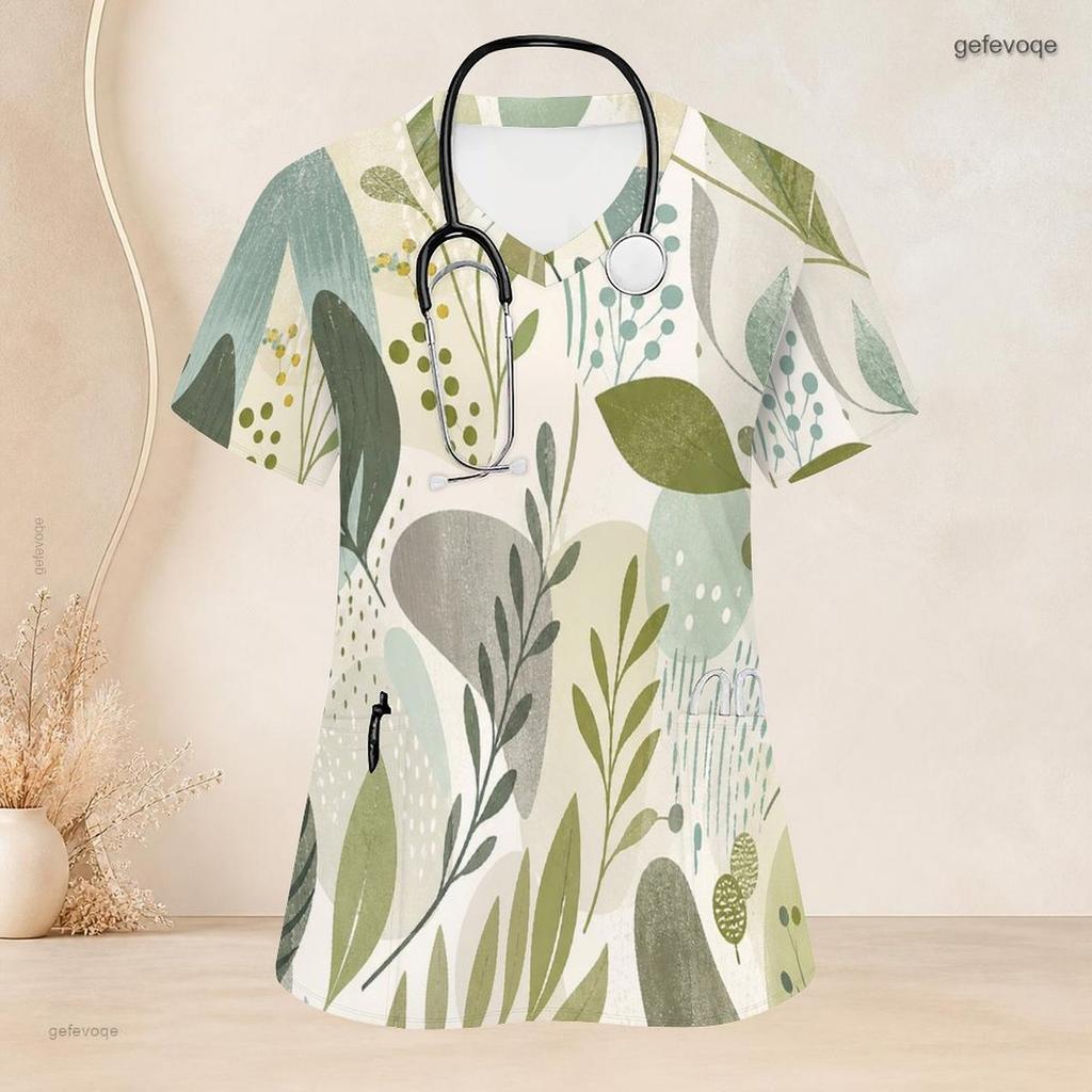 Women Plus Size V Neck Short Sleeve Tropical Leaf Print Scrub Top With Front Pockets