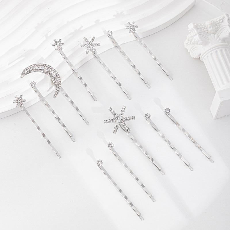 Alloy electroplating one-word clip jewelry, moon headdress, niche snowflake stacked hairpin set, women
