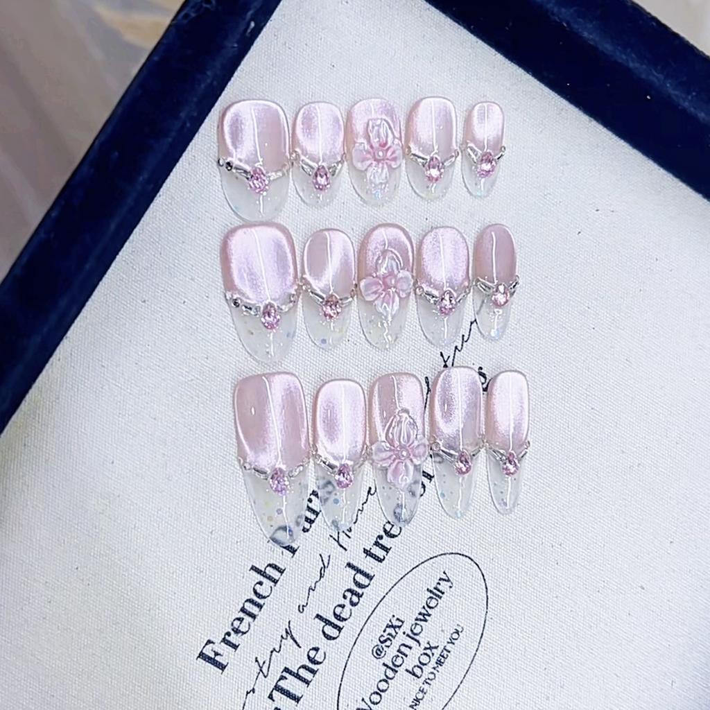 Pure Handmade Crafts New Styles Such As Peach Blossom Hand-carved Zircon Diamond Cat Eye Nail Art Patch