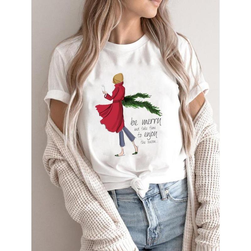 Summer Plus Print Christmas Theme Loose Cotton Short Sleeved T-Shirts Women’s