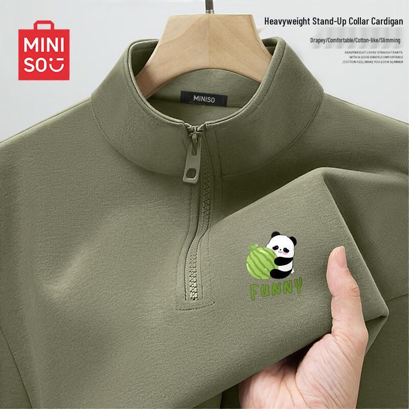 MINISO Men's Half-Zip Stand Collar Panda Graphic Sweatshirt