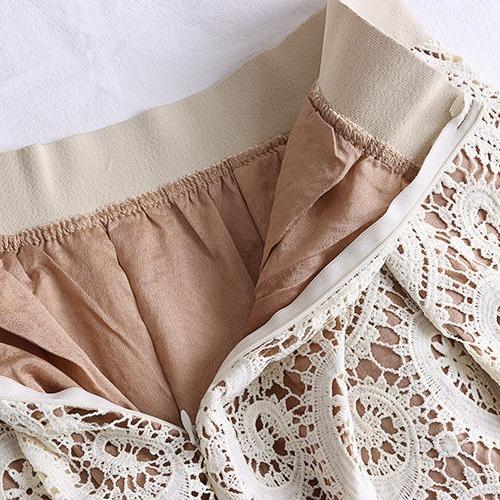 Vintage Women's Crochet Hollow Lace Skirt Casual High-waist Slim A-line Skirt Spring