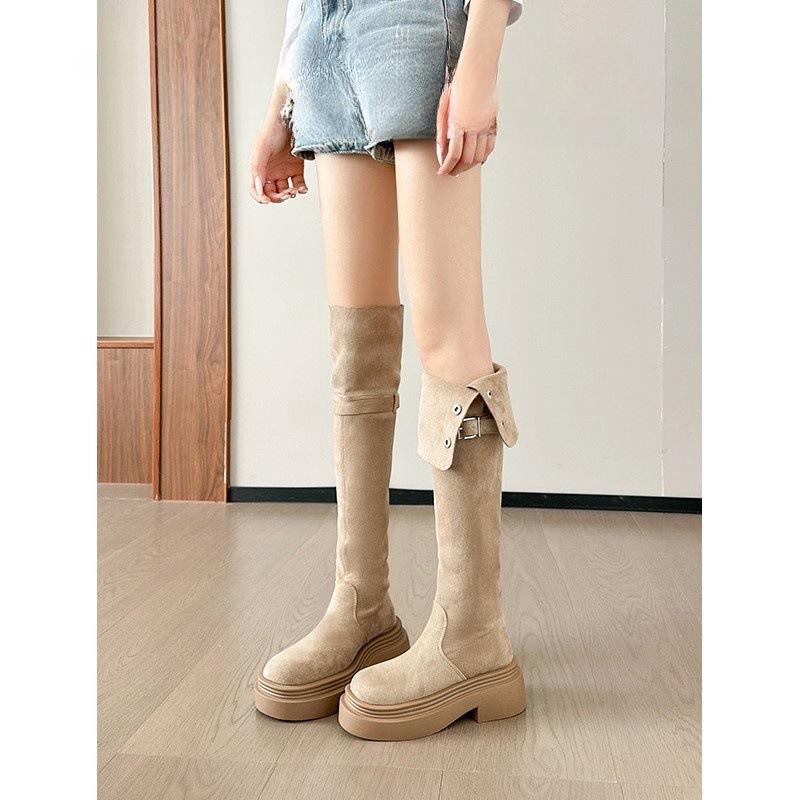 

Маленький человек становится выше и носит два высоких сапога.. Женские зимние сапоги 2025 года из замши длиной до колена в рыцарском стиле 35 хаки