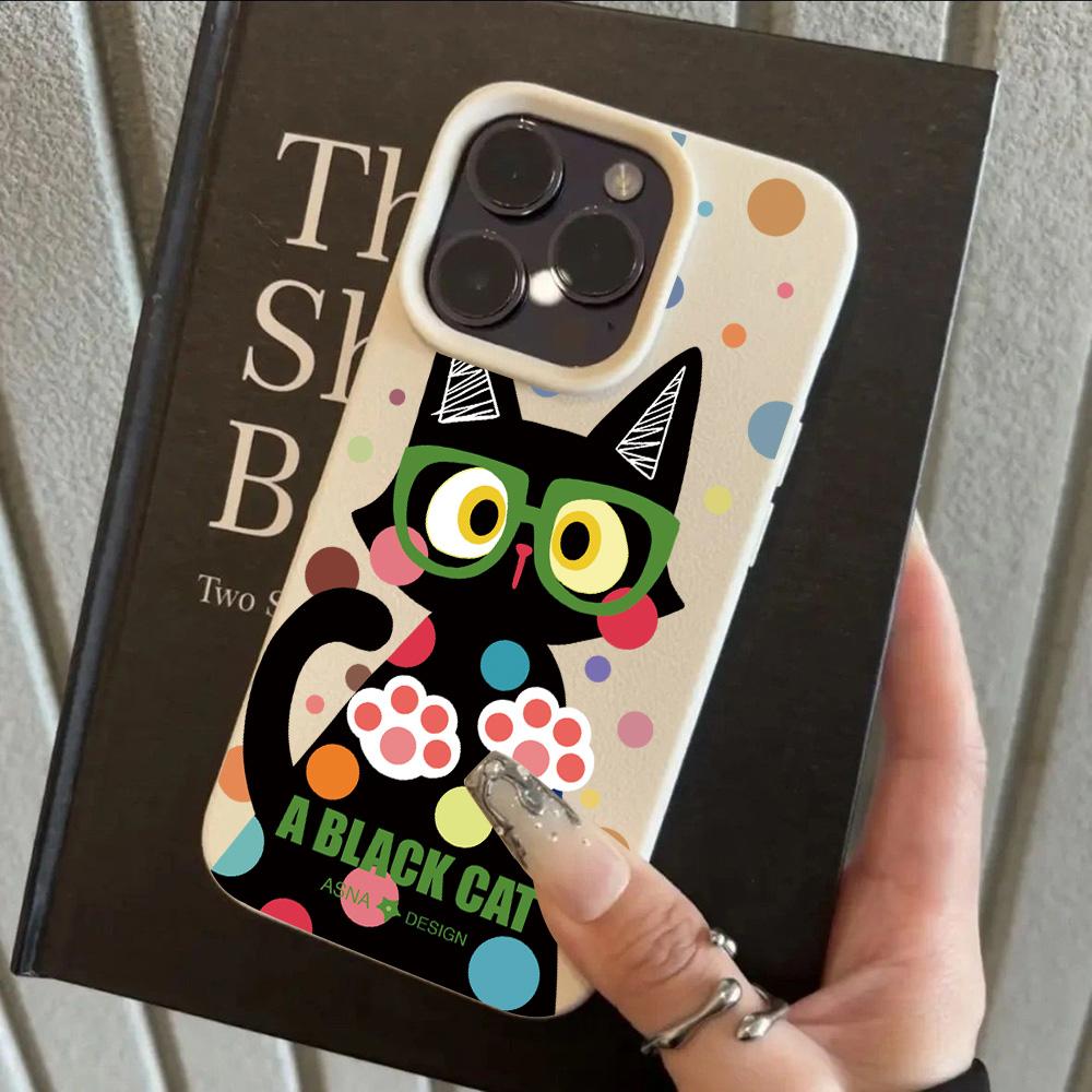 HOT Cartoon Black Cat Cool Lichee Leather Pattern Phone Case For Redmi Note 14 13 12 11 10 9 8 Pro Plus 4G 5G Shockproof Cover