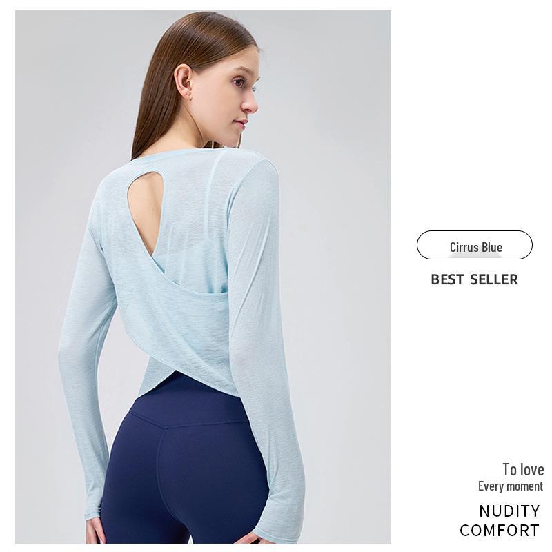 Bamboo Slub Loose Long Sleeve Yoga Top - Breathable, Hollow-Out Back, Slimming Cover-Up for Women