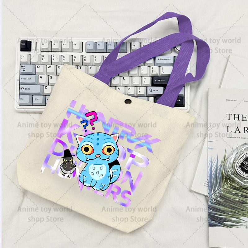 KPop Demon Hunters GIRLS Canvas Shopping Bags Women Cotton Tote Bags Reusable Cartoon Letter Shoulder Bag Grocery Handbag Beige