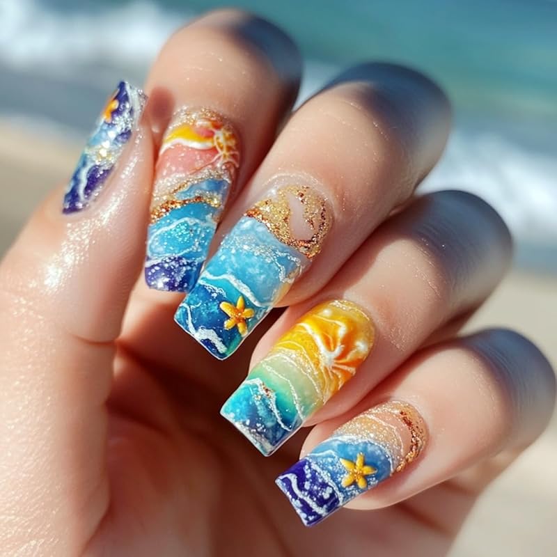 Summer Blue Press on Nails Beach Bikini Beauty Stick on Nails Sea Swim Ring Fake Nails Glossy Glue on Nails Medium Square False Nails Full Cover New Pattern1