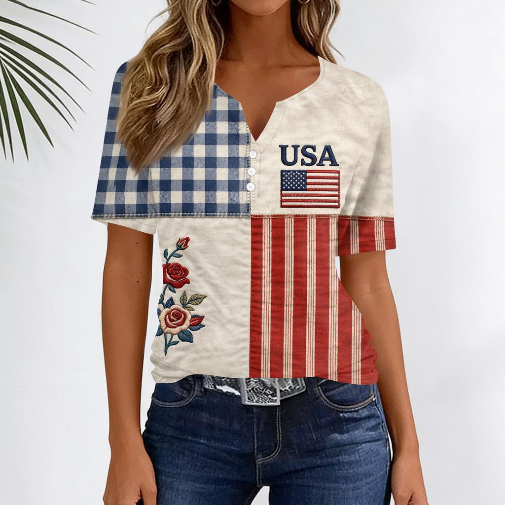 Women's Fashion Casual Independence Day Print V-Neck Short Sleeve Button-Up T-Shirt Top