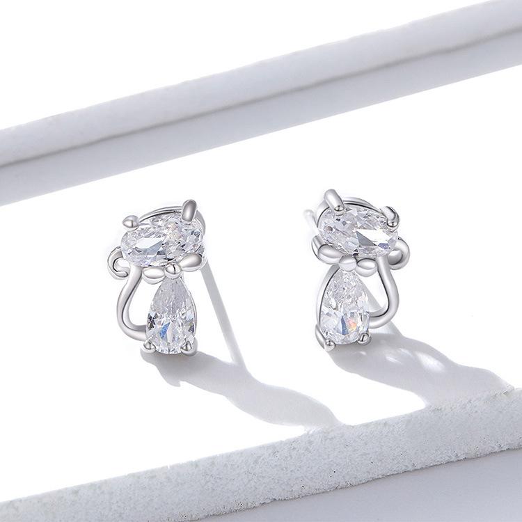 S925 Sterling Silver Cute Kitten Stud Earrings, Cross-Border Sterling Silver Zircon Stud Earrings.