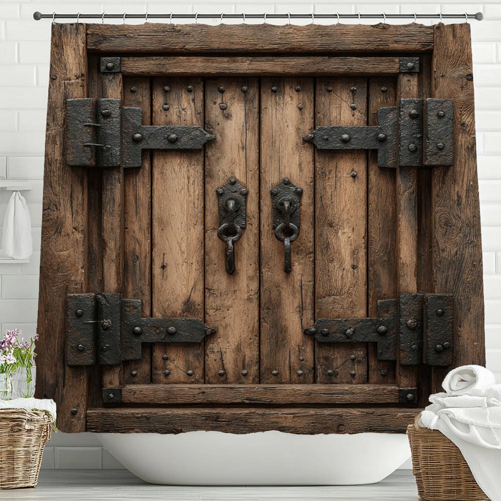 

European Country Wooden Gate Shower Curtain, Bathroom Decorative Shower Curtain, Waterproof Shower Curtain With Hooks W60H190(CM)-1 Pcs