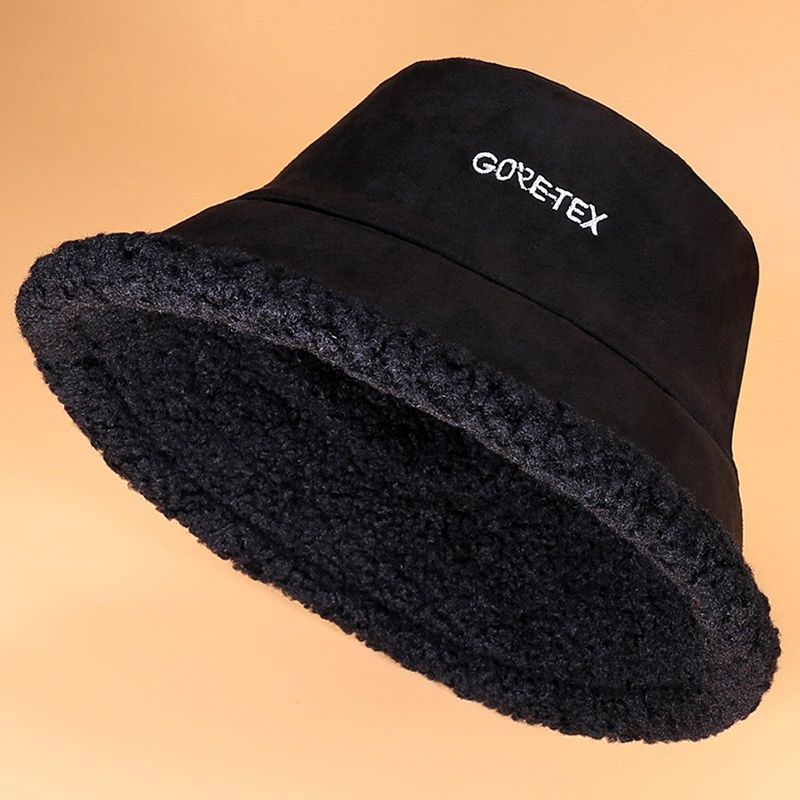 Oboustranný jehněčí plyšový rybářský klobouk ženy podzim zima japonský trend venkovní teplý klobouk bucket ležérní klobouk vyšívaný dopis