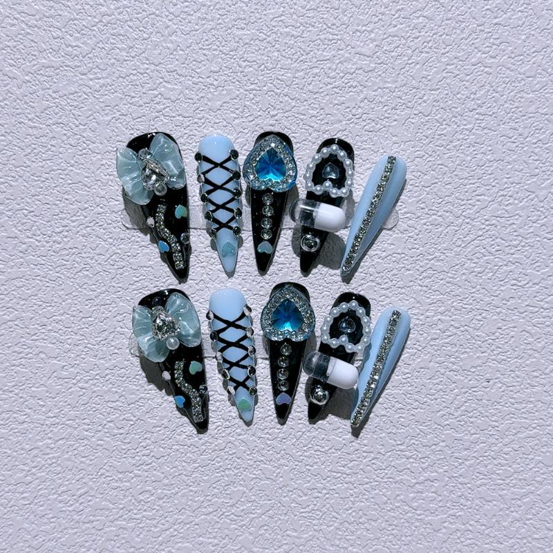 Long Stiletto Press On Fake Nails Blue Heart Diamond Bow Decoration False Nail Fashion Artificial Nail Handmade Acrylic Nail