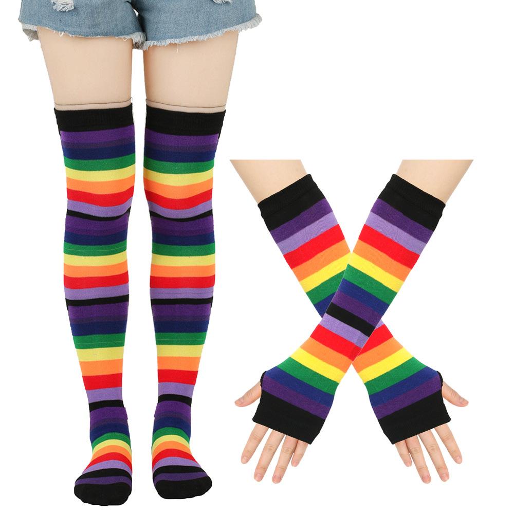 Damen Oberschenkelhohe Strümpfe Armstulpen Handschuhe Set Damen Mädchen Schwarz Weiß Gestreift Lange Overknee Socken Cosplay Lolita