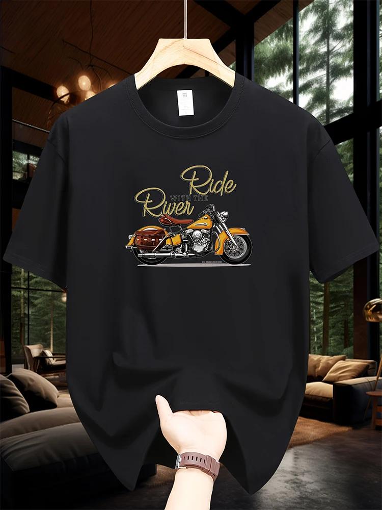 

Motorcycle Printed Tshirt Mens Summer 100 Cotton Daily Street Fashion Tshirt Loose Breathable Round Neck Short Sleeve Top 3XL