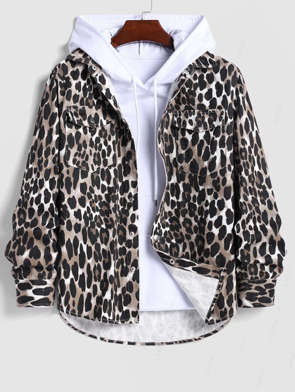 

Men s Leopard Pattern Front Pocket Single-breasted Long Sleeves Demin Shacket XXL кофейный