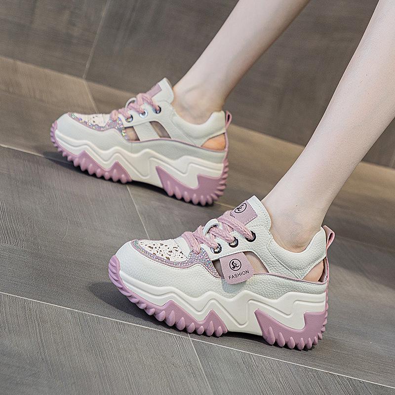 Women's Retro Thick Sole Rhinestone Leather Sandals - Summer 2025 Collection