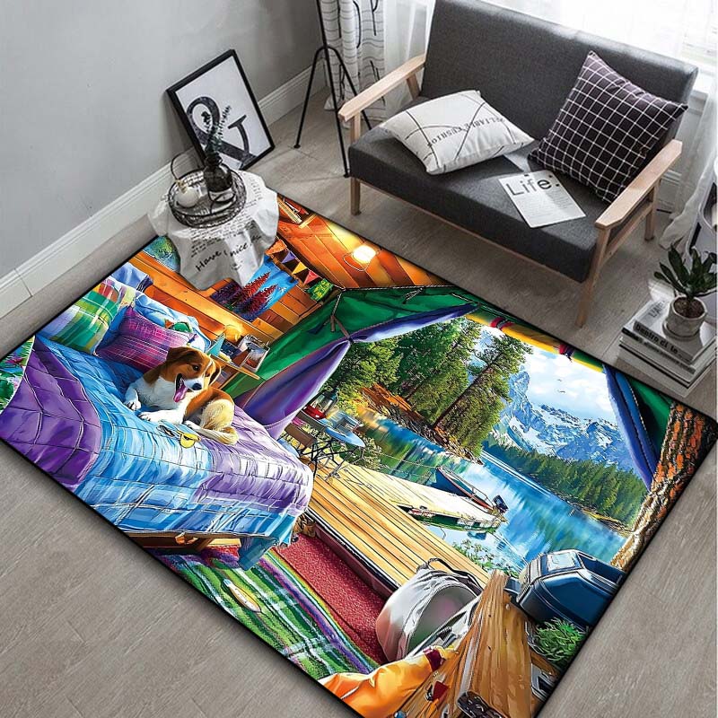 Moonlight Lake Cabin Area Rug, Canoe Scenery Floor Mat