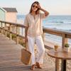 Women's Casual Solid Color Pullover Top Short Sleeve Loose Fit Round Neck with Front Zipper Lightweight Blouse for Everyday Wear