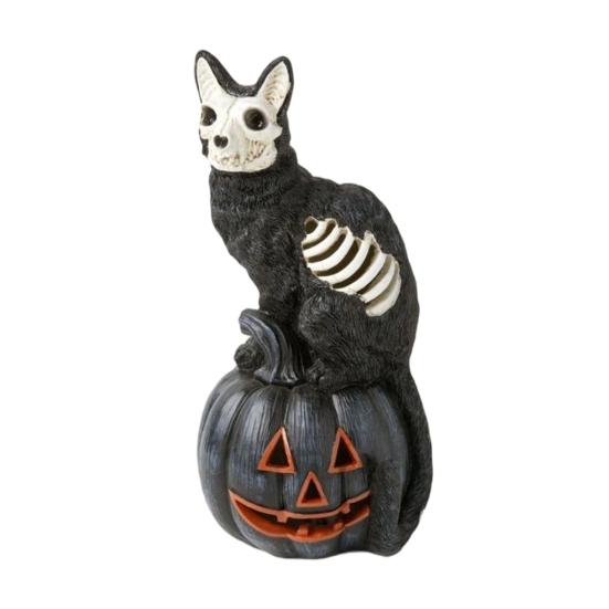 Black Cat Pumpkin Decoration Halloween Skull Figurine, Gothic Statue with Hollow Ribs, Compact Desktop Decor Spooky for Showcase Outdoor Landscaping,